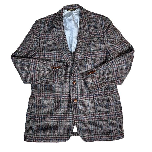 Vtg Lands' End Charter Collection Tweed Blazer Plaid Two Button Sport Coat 46L - Picture 1 of 10